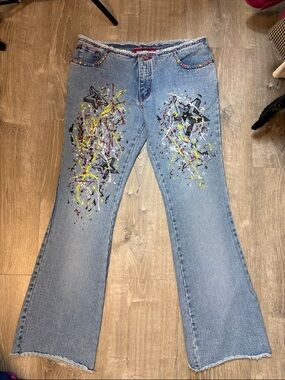 Zana Di Y2K Low Rise Flare Jeans Size 7 Embellished Star Paint Splatter